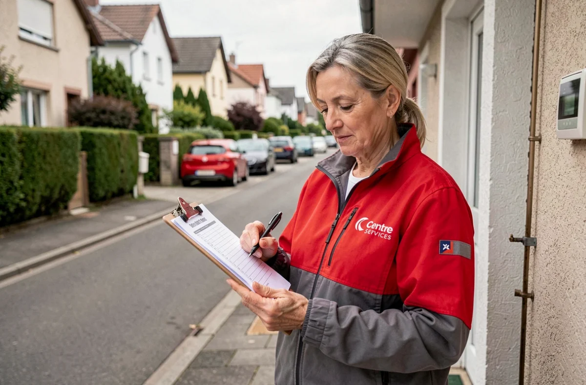 Responsable Centre Services Mulhouse vérifiant une liste de prestations devant une maison mulhousienne