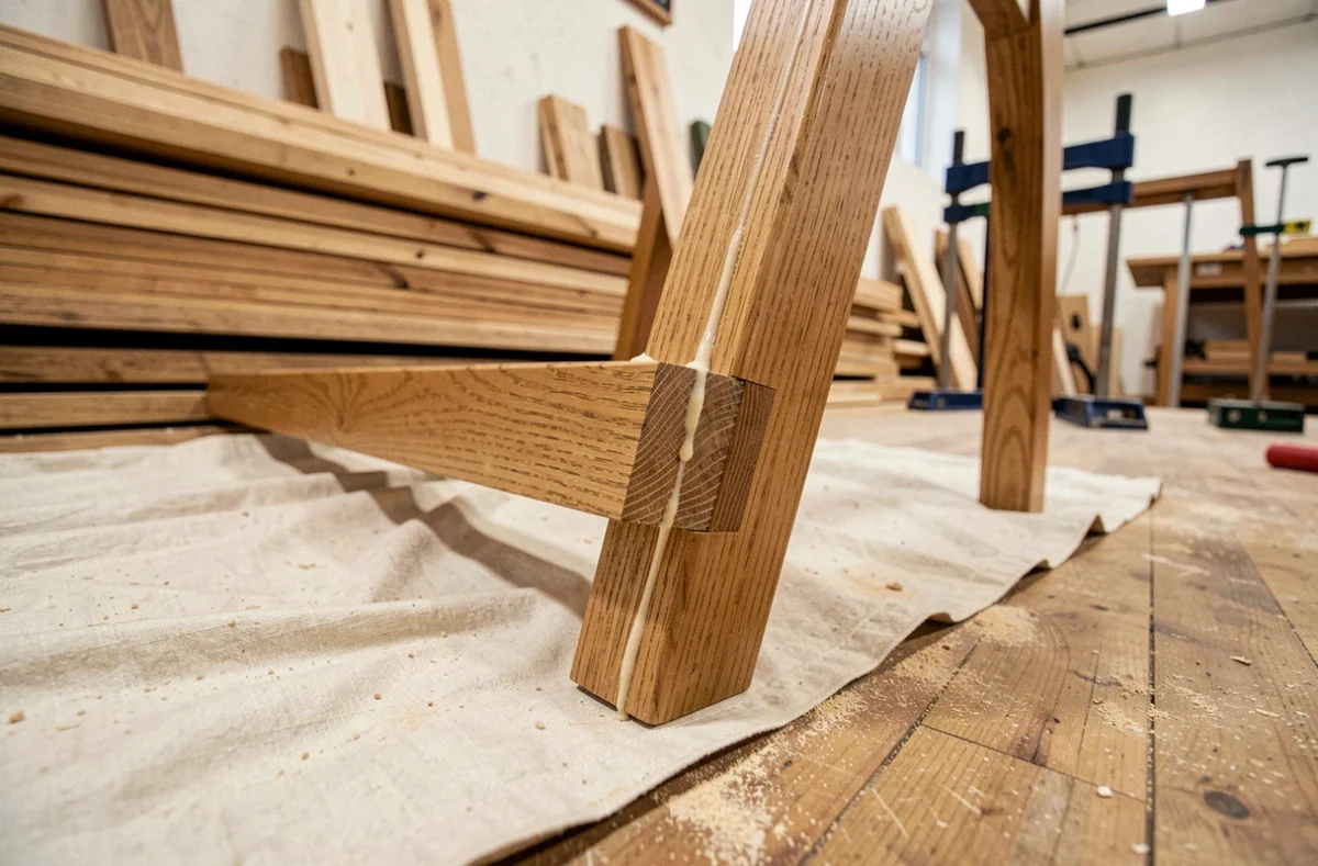 Chaise en chêne massif assemblée avec des joints tenon et mortaise, détail du joint collé visible en gros plan dans un atelier