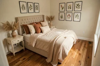 Chambre parentale chaleureuse décorée avec des éléments abordables, tête de lit en lin beige, coussins terracotta et mur de cadres botaniques