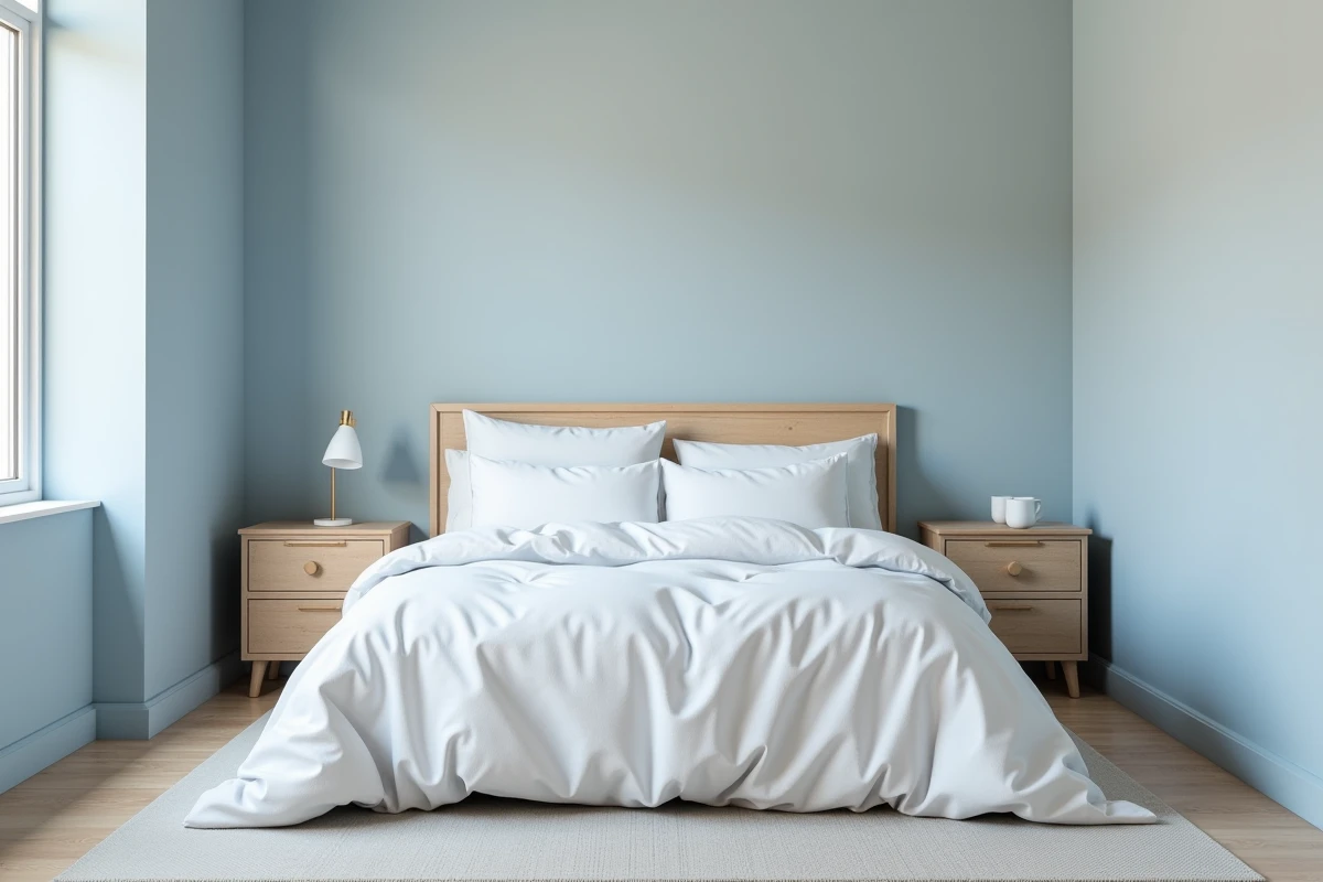 Petite chambre peinte en bleu-gris pâle avec lit bas en literie blanche et tables de chevet en bois clair, montrant l'effet optique d'agrandissement des teintes froides neutres