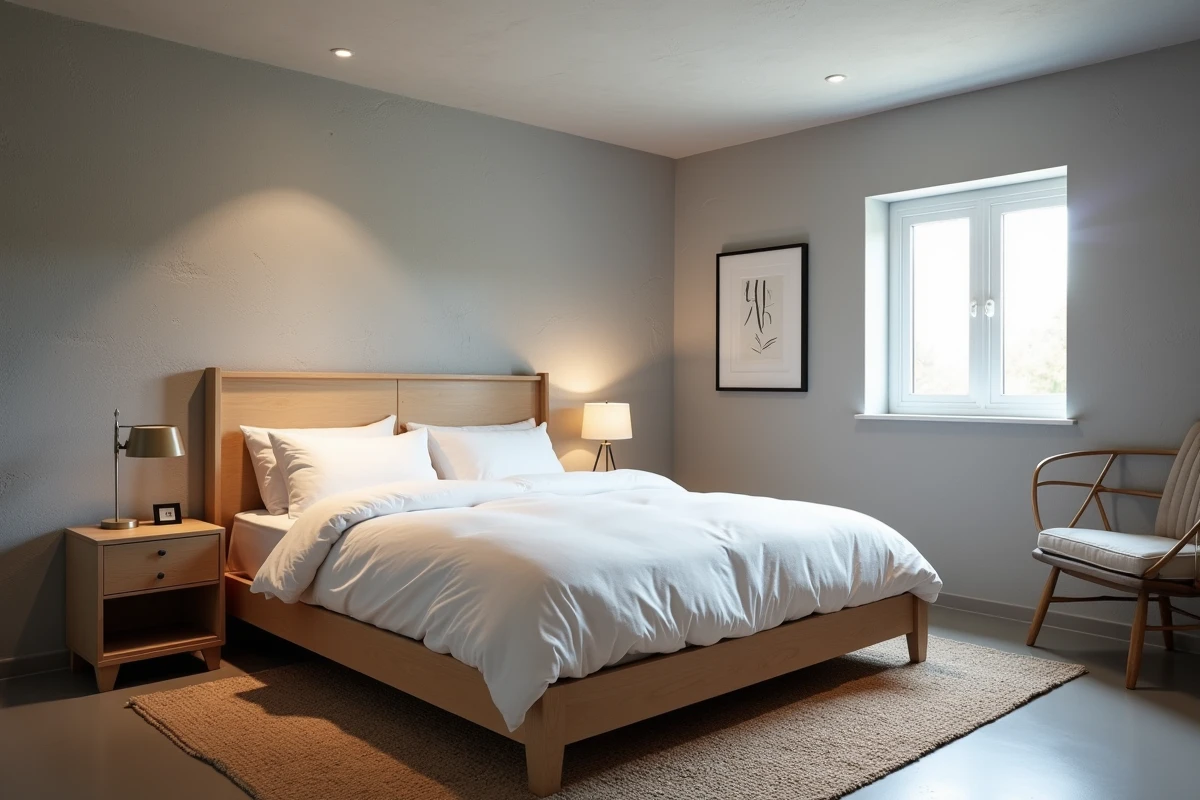 Chambre aménagée dans un sous-sol avec fenêtre de dérogation, lit queen-size et décoration intérieure moderne