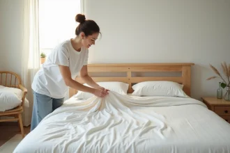Femme en train de changer les draps de son lit avec des draps en coton blanc propres dans une chambre moderne et apaisante