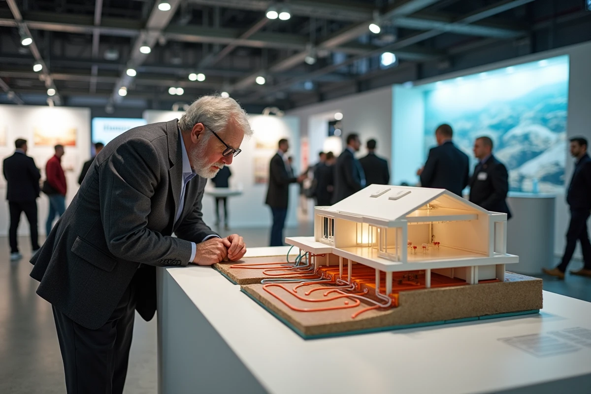 Homme examinant une maquette de chauffage géothermique par le sol lors d'un salon sur les énergies renouvelables