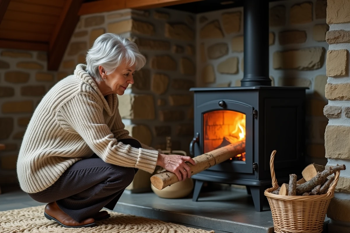 Femme allumant un poêle à bois en fonte dans un salon rustique aux murs en pierre pour se chauffer sans gaz ni électricité