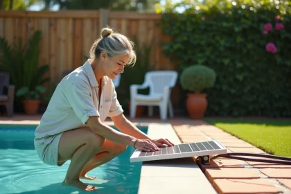 Femme installant un système de chauffage solaire pour piscine dans un jardin ensoleillé