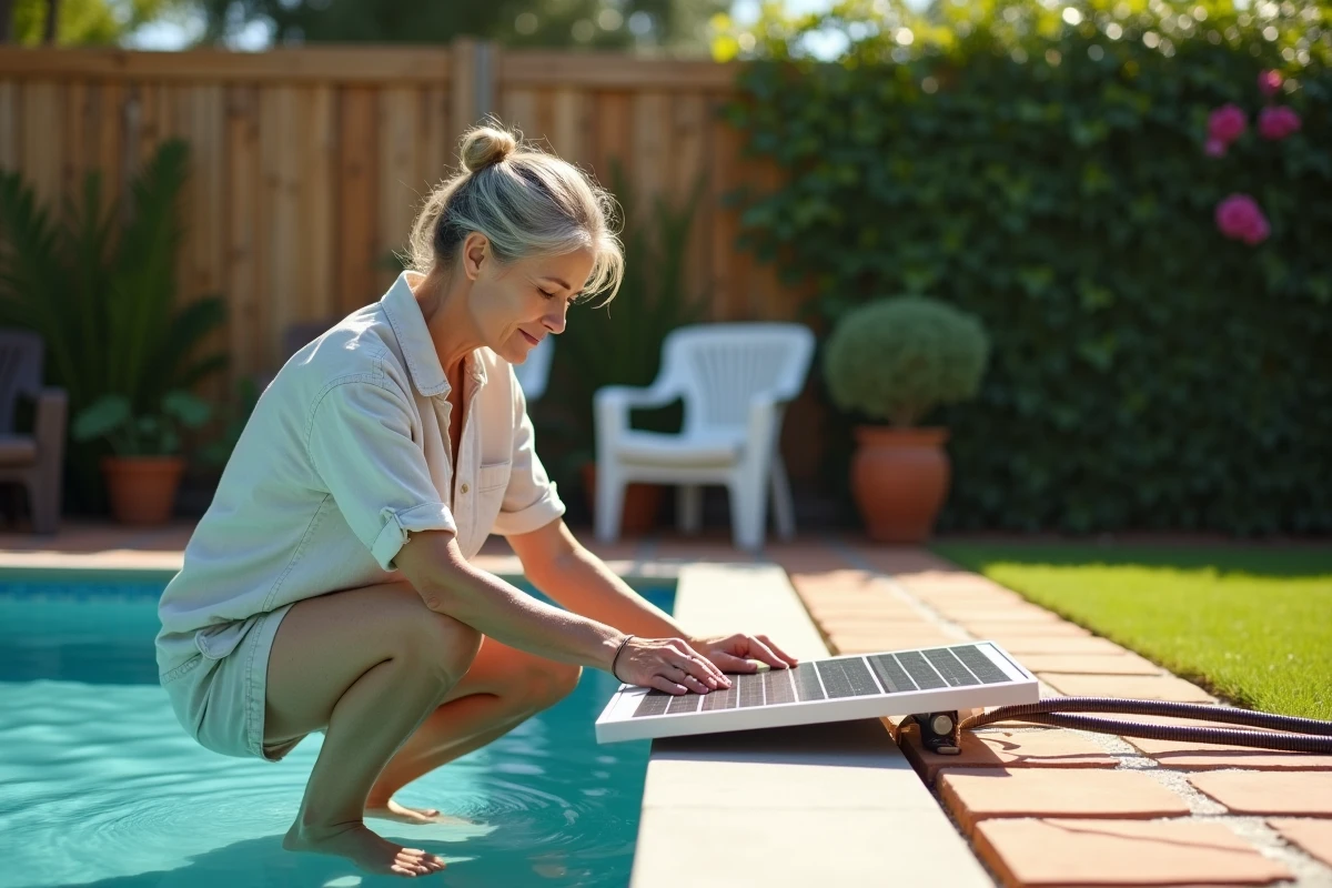 Femme installant un système de chauffage solaire pour piscine dans un jardin ensoleillé