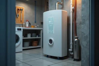 Chauffe-eau thermodynamique installé dans une buanderie avec affichage des heures creuses programmées