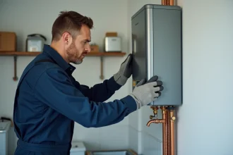 Plombier inspectant un chauffe-eau thermodynamique mural dans une buanderie moderne