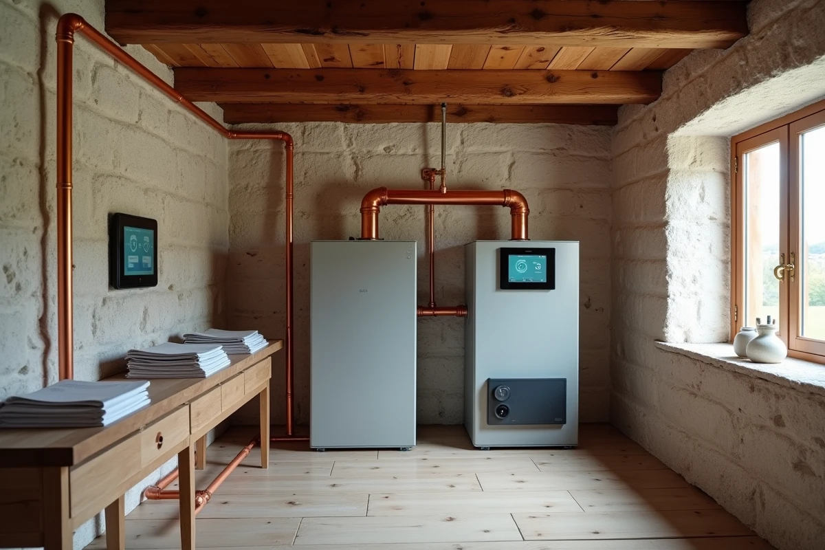 Chaufferie intérieure d'une vieille maison rénovée avec chaudière à granulés et système de gestion énergétique autonome