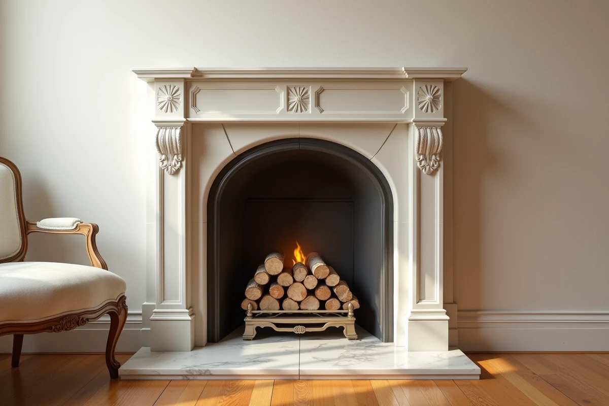 Cheminée traditionnelle en marbre blanc avec feu de bois dans un salon élégant