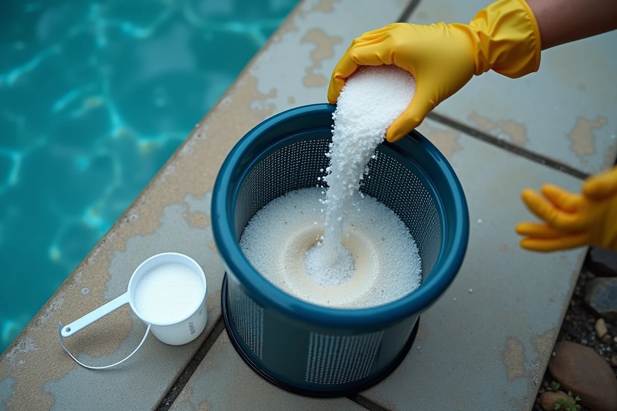 Panier de skimmer de piscine avec résidus d'algues et ajout de clarifiant pour traiter l'eau trouble
