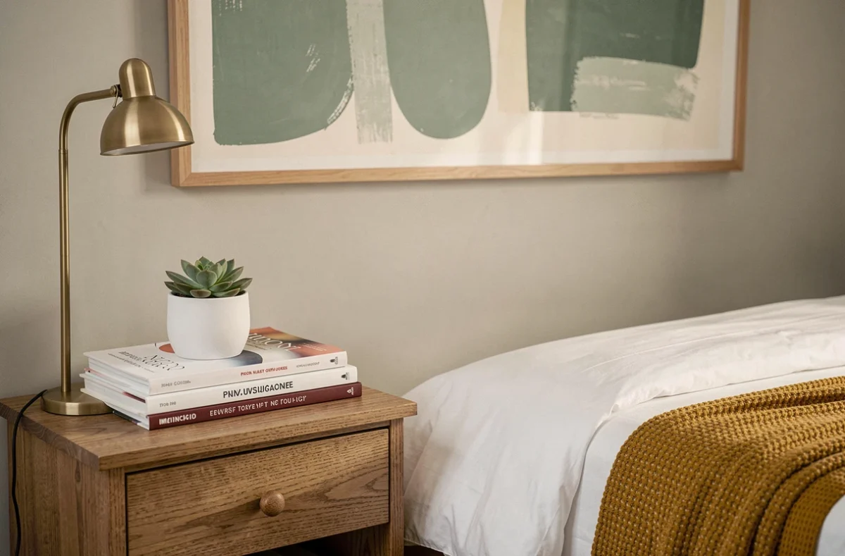 Coin de chambre parentale élégant et économique avec table de nuit en bois, plante succulente, lampe dorée et tableau encadré sobre