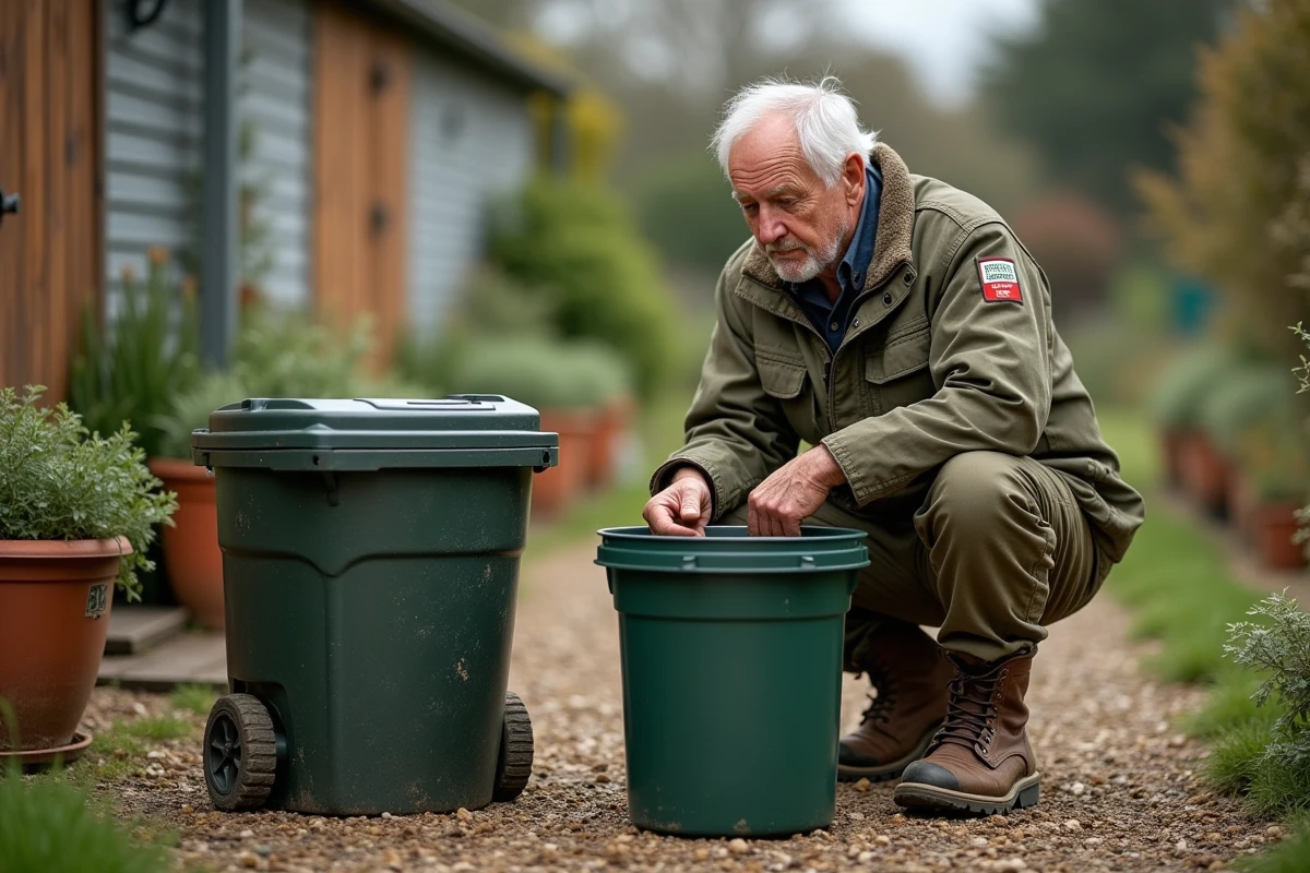 Jardinier comparant deux composteurs côte à côte, l'un avec fond en plastique et l'autre sans fond en bois, dans un jardin potager