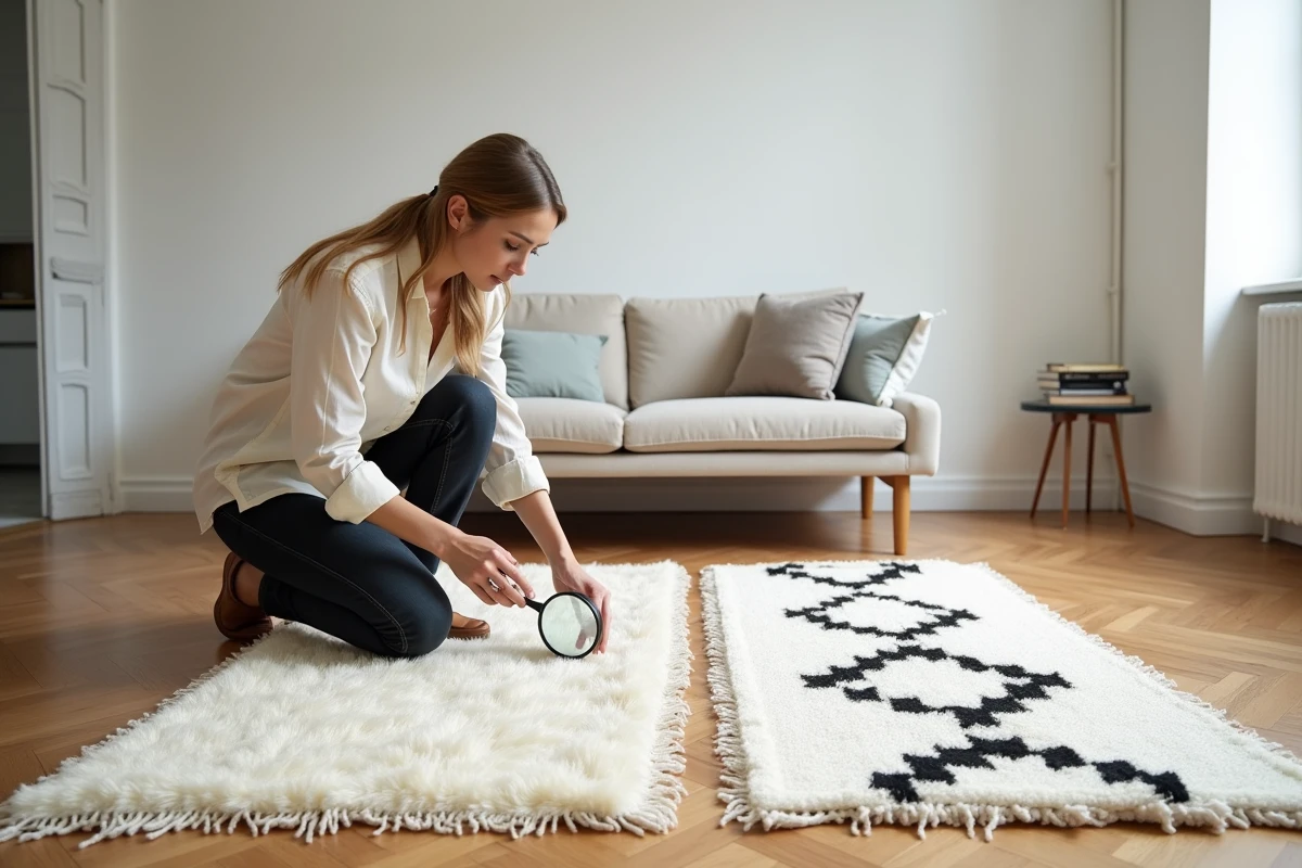 Femme comparant un vrai tapis Beni Ourain fait main et une imitation machine dans un appartement moderne