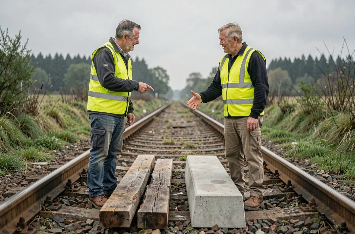 Deux agents ferroviaires comparant une traverse en bois usagée et une traverse en béton neuve sur une voie de chemin de fer
