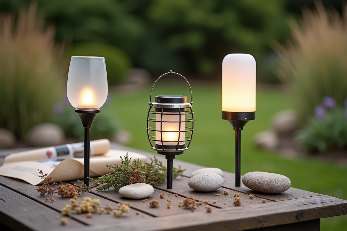 Comparatif de différents modèles de lampes solaires posés sur une table de jardin en bois brut avec des herbes séchées et des pierres
