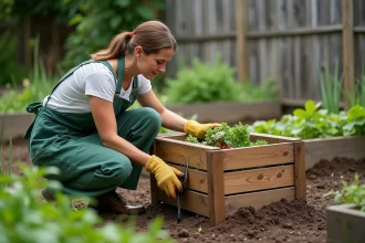 Composteur en bois sans fond posé directement sur la terre dans un potager, avec une femme qui mélange les déchets organiques