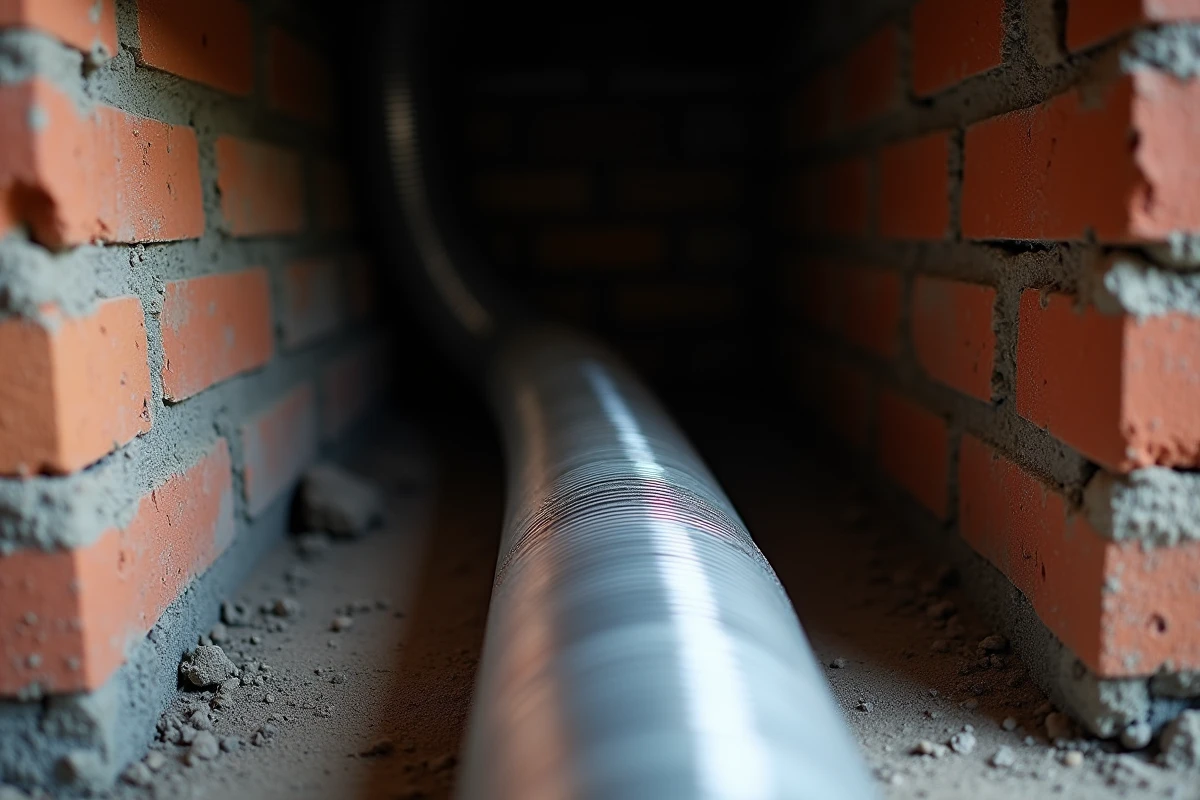 Gros plan sur un conduit de tubage flexible en acier inoxydable inséré dans un conduit de cheminée en briques anciennes