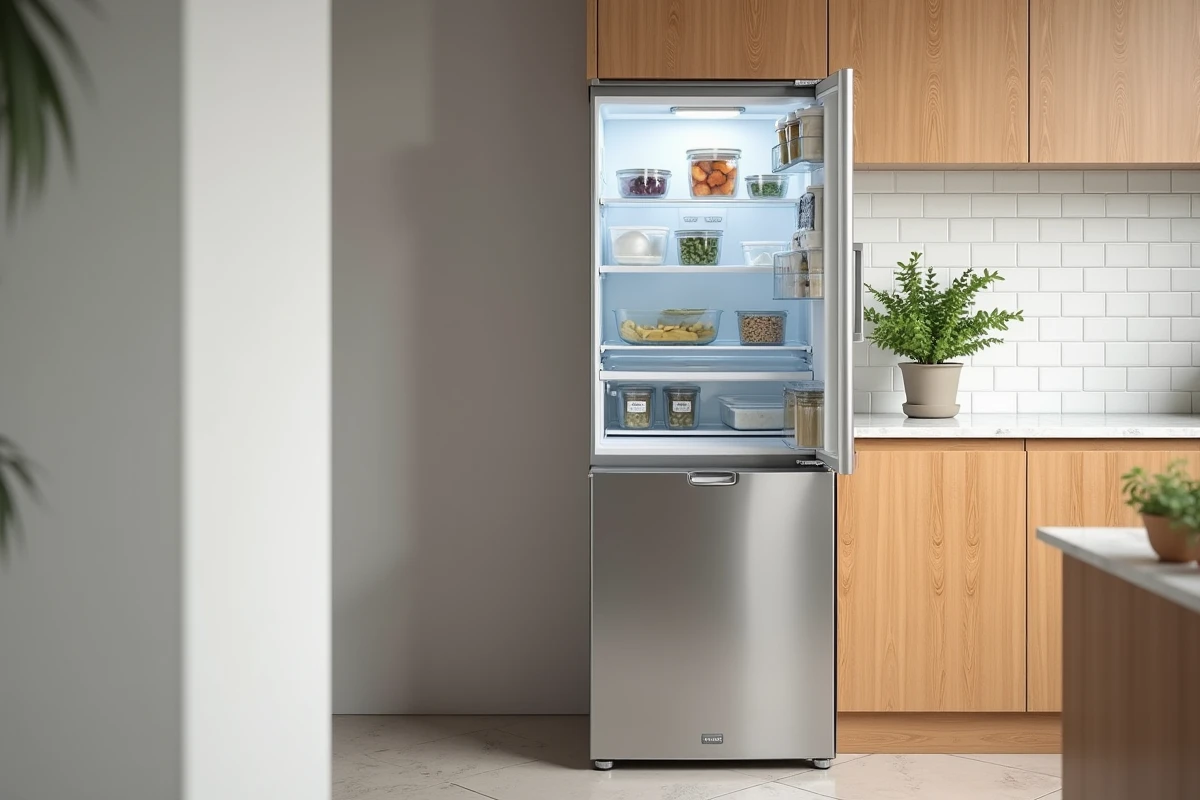 Congélateur armoire à économie d'énergie dans une cuisine moderne avec étiquette énergétique visible
