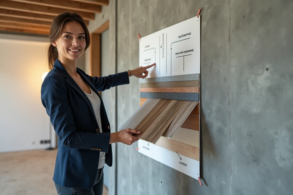 Conseillère en rénovation présentant les options de dalles pour sous-sol avec échantillons de matériaux