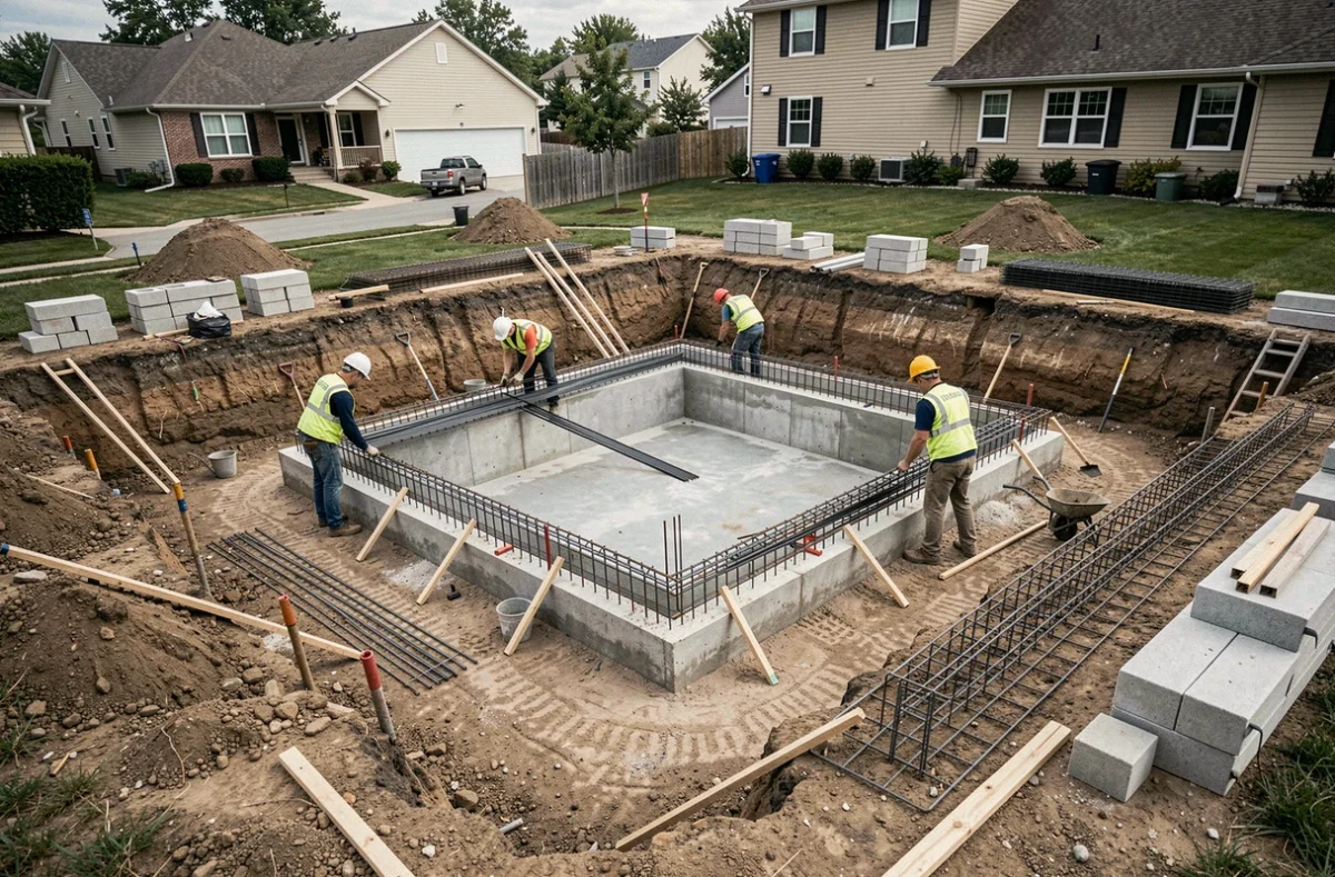 Chantier de construction d'une piscine en béton avec ferraillage et coffrage dans un jardin de maison individuelle