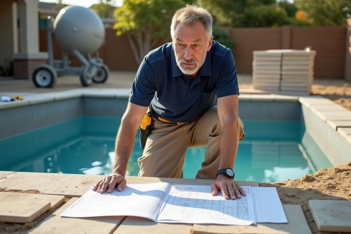 Entrepreneur en construction de piscine enterrée examinant des plans dans un jardin en chantier