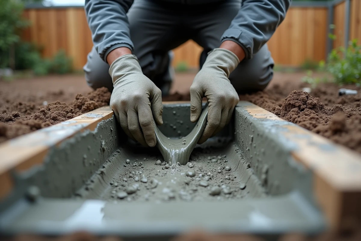 Coulage du béton dans un coffrage de fondation pour la construction d'une véranda
