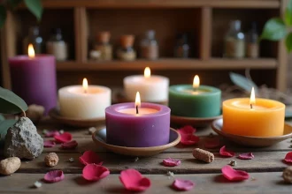 Bougie violette, blanche, verte et dorée disposées sur un autel en bois avec cristaux et pétales de roses séchées pour la manifestation