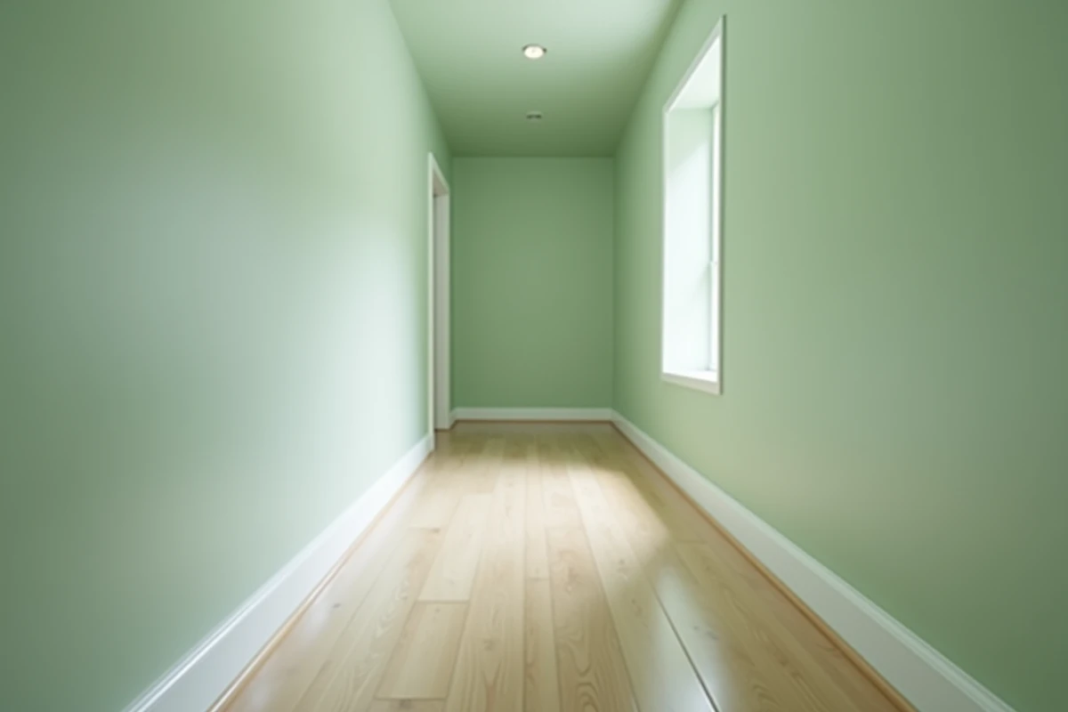 Couloir étroit peint en vert sauge uniforme du sol au plafond, créant une illusion de profondeur et d'espace avec un parquet en chêne clair