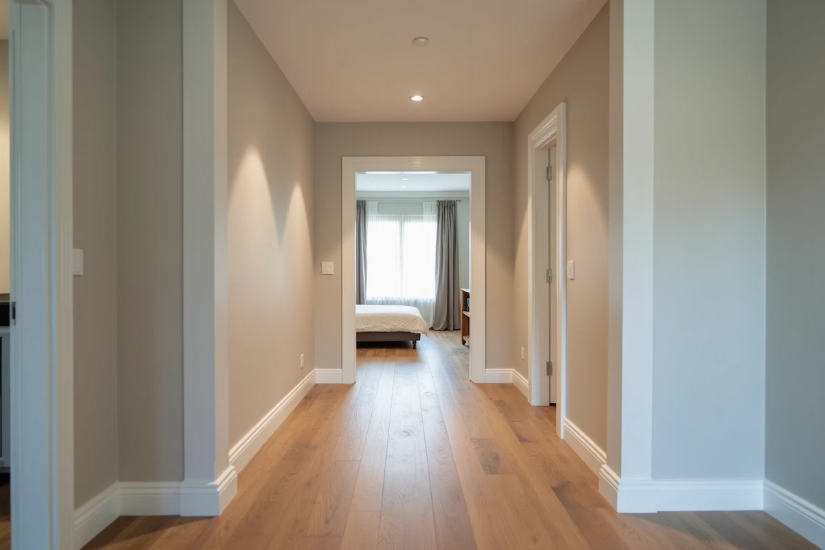 Couloir de sous-sol rénové avec revêtement de sol vinyle et porte ouverte sur une chambre habitable