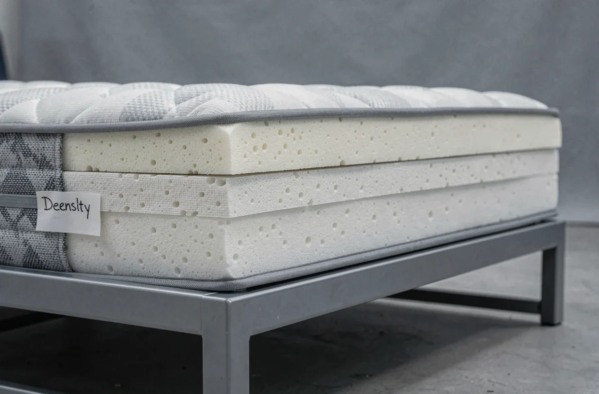 Coupe transversale des couches de mousse d'un matelas de canapé convertible montrant différentes densités
