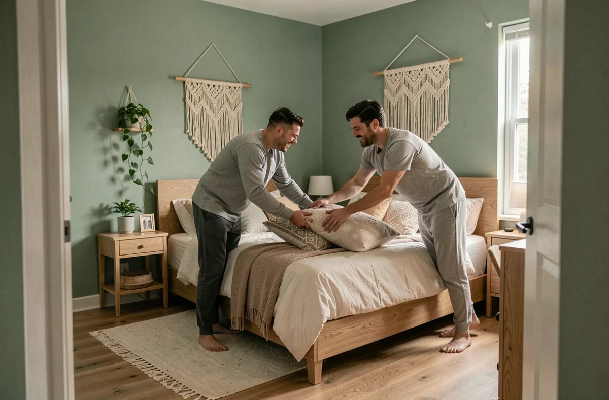 Couple aménageant leur chambre parentale chic à petit prix avec murs vert sauge, lit en noyer et décoration naturelle fait maison
