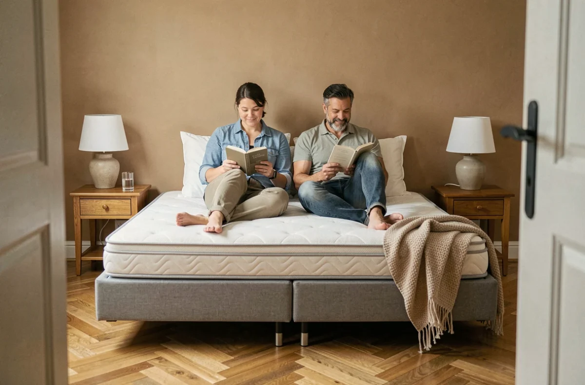Couple confortablement installé sur un canapé convertible ouvert en position lit dans un appartement cosy