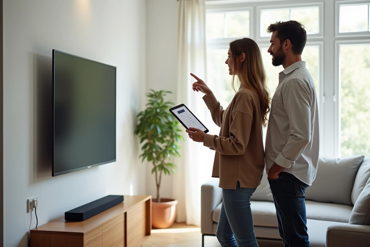 Couple comparant des options de home cinéma devant un téléviseur OLED dans un salon moderne