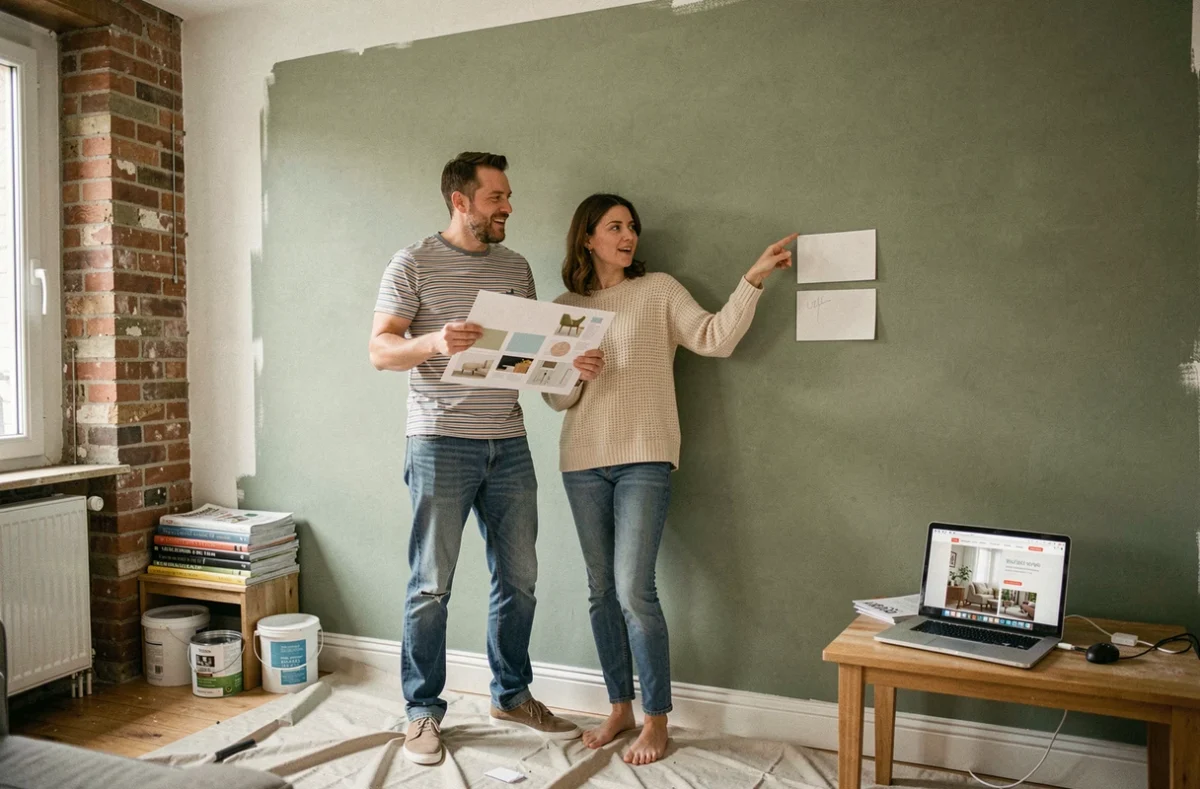 Couple examinant des conseils de décoration en ligne dans un appartement en cours de rénovation avec des échantillons de peinture sur le mur