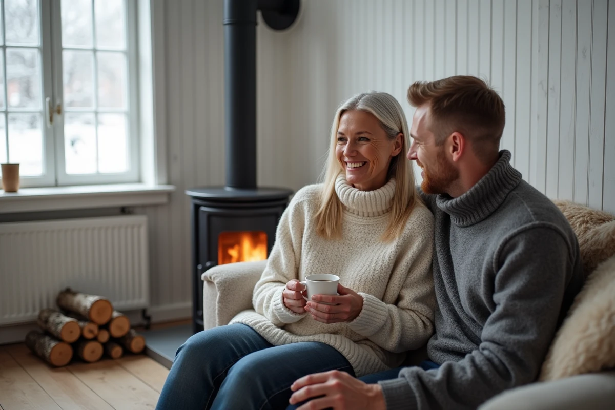 Couple installé près d'un poêle de masse en stéatite dans un intérieur scandinave, se chauffant au bois sans gaz ni électricité