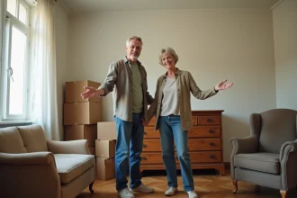 Couple préparant de vieux meubles pour un enlèvement par Emmaüs dans un salon encombré