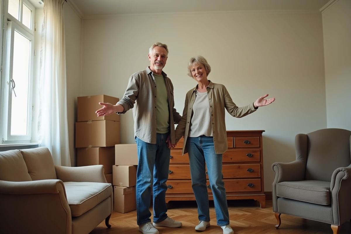 Couple préparant de vieux meubles pour un enlèvement par Emmaüs dans un salon encombré