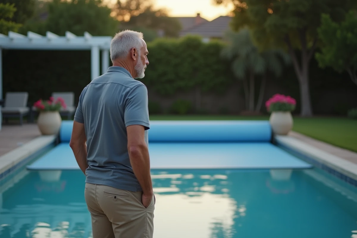 Homme observant la mise en place d'une couverture automatique sur sa piscine ovale en fin de soirée
