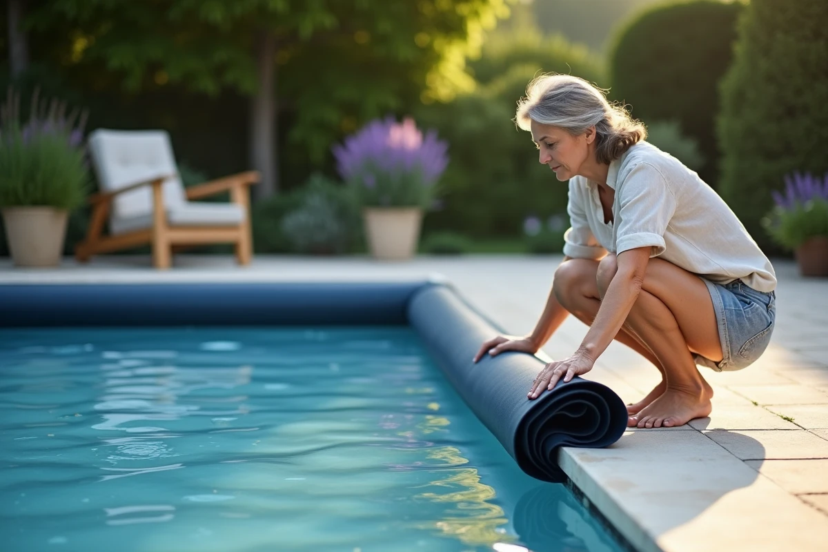 Femme installant une bâche de protection sur une piscine privée en fin de journée dans un jardin résidentiel