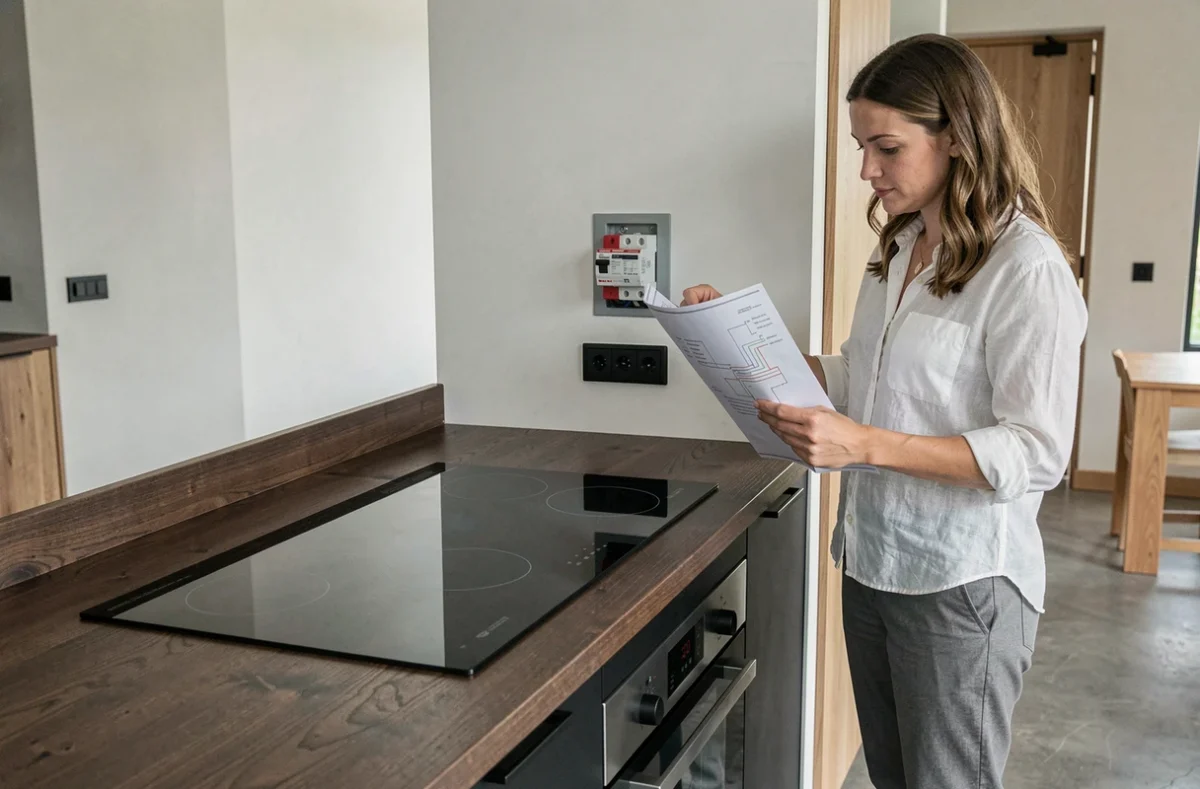 Vue d'ensemble d'une cuisine moderne avec plaque induction encastrée et tableau électrique mural montrant un disjoncteur 32A dédié, femme consultant un schéma de câblage