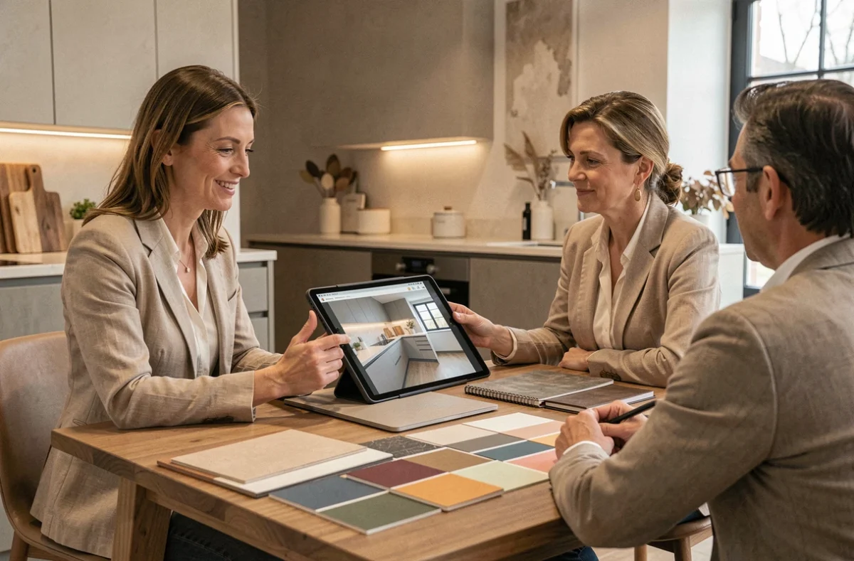 Designer de Cuisine Privée Villejuif présentant un rendu 3D de cuisine personnalisée à une cliente lors d'une consultation