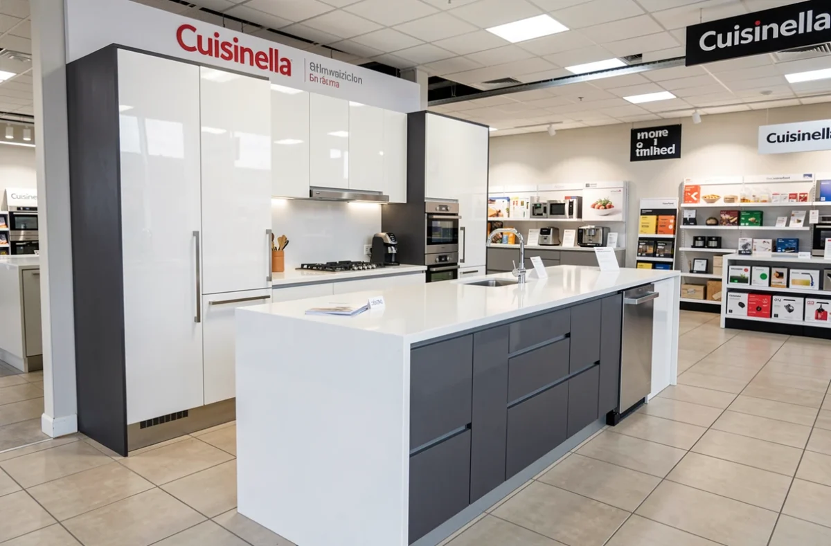 Exposition de cuisine Cuisinella Thiais Village avec armoires blanches et plan de travail en quartz