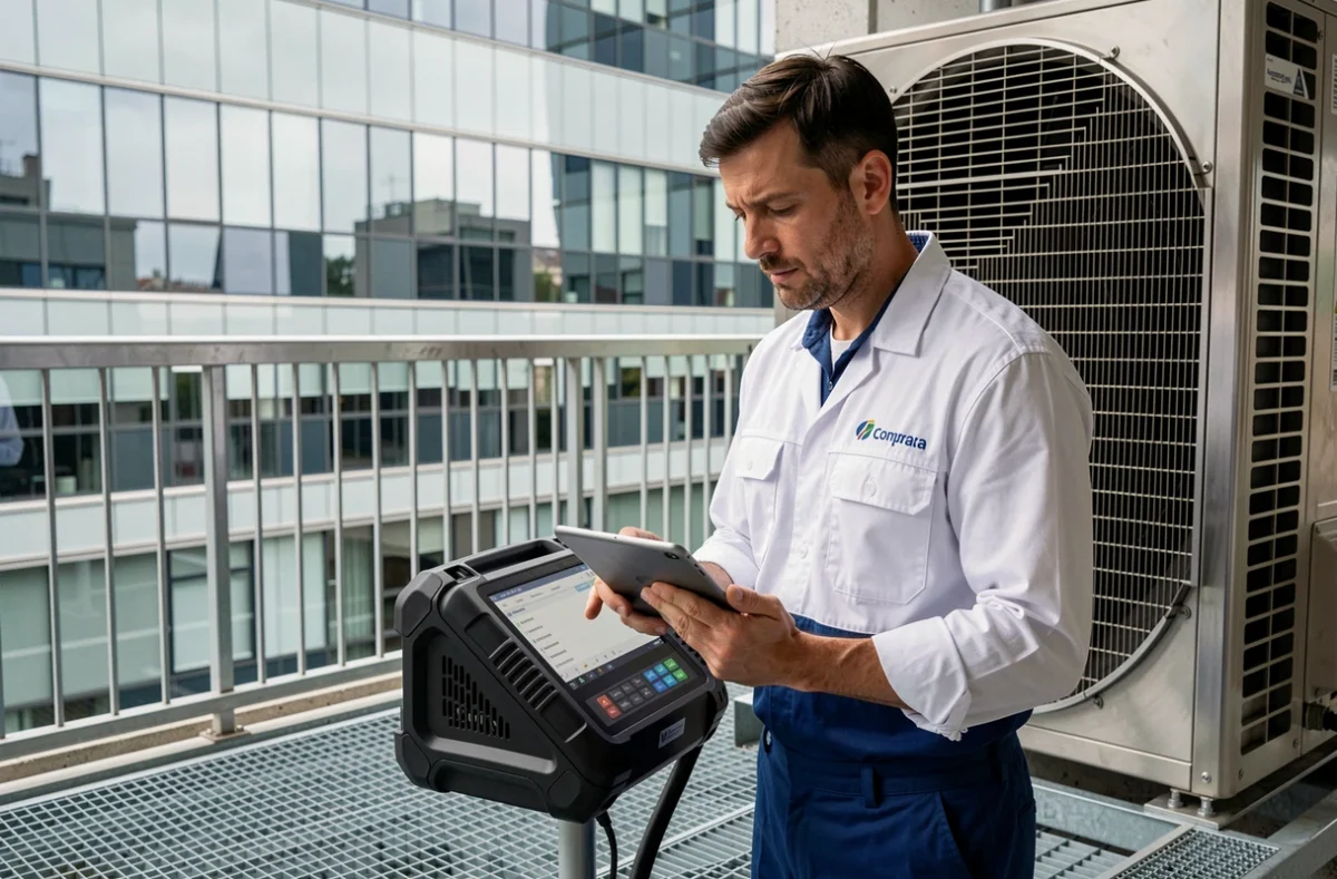 Technicien CYBAT gérant un système de génie climatique sur le plateau technique d'un immeuble de bureau dans le 12e arrondissement de Paris