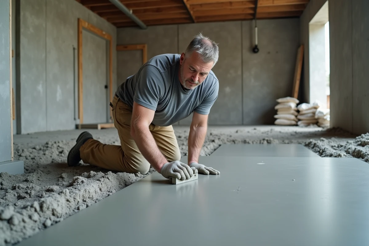 Entrepreneur posant une dalle béton dans un sous-sol en construction avec outil de nivellement