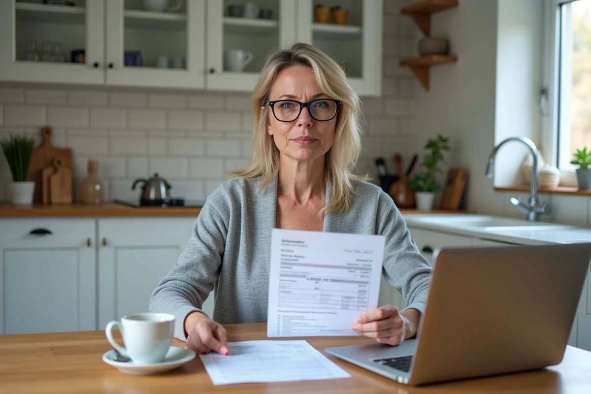 Femme consultant une facture de ramonage avec une déclaration fiscale française sur une table de cuisine