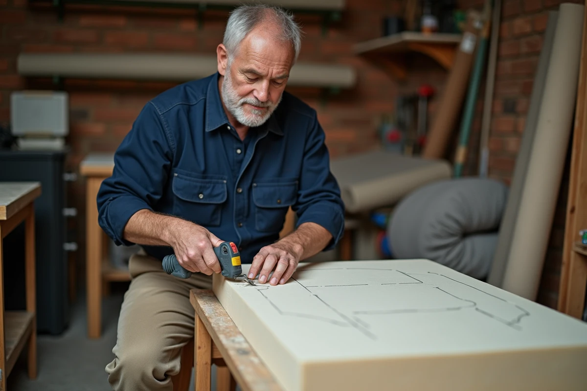 Artisan découpant de la mousse pour rembourrer l'assise d'un canapé dans un atelier de tapisserie