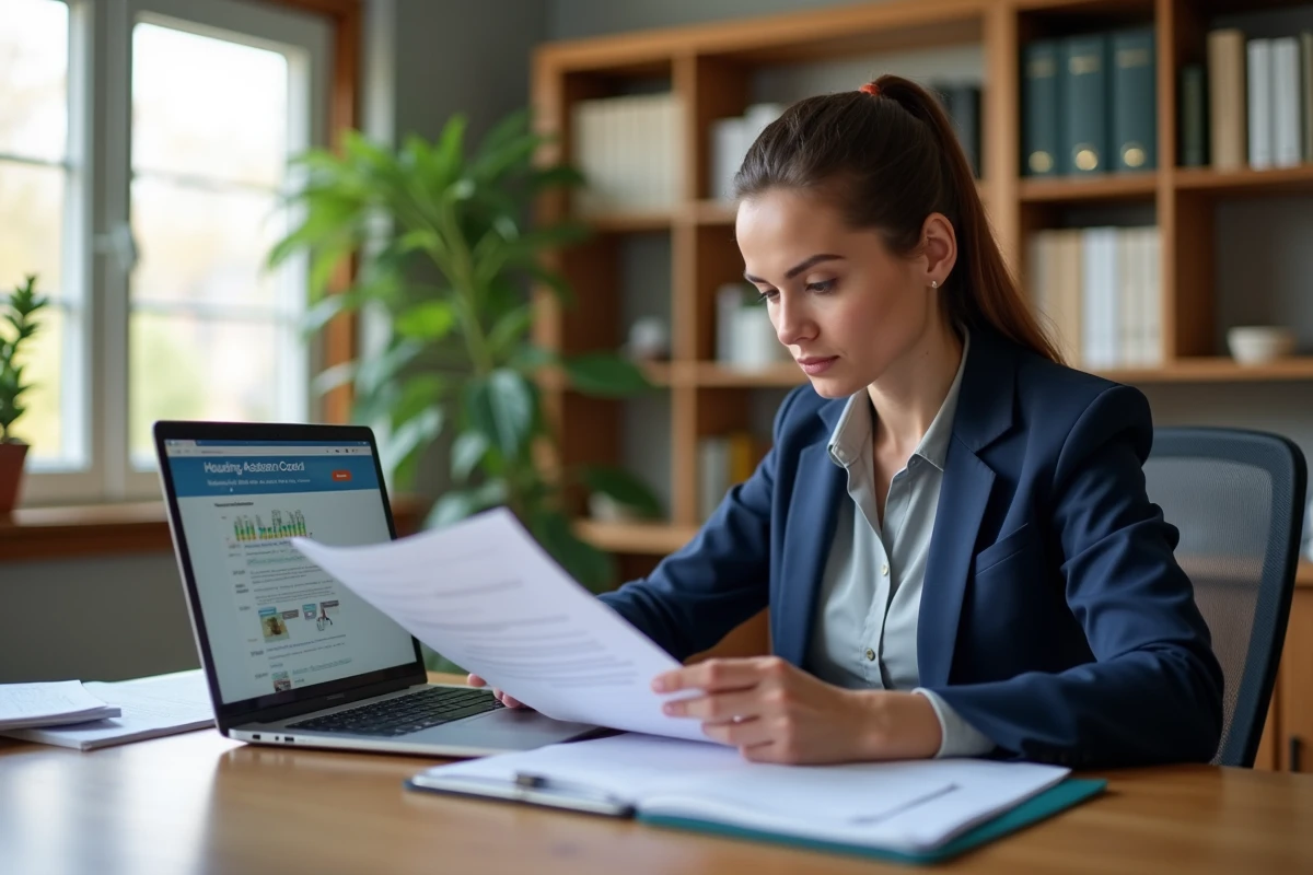 Femme consultant des documents d'aide financière pour un ravalement de façade à son bureau