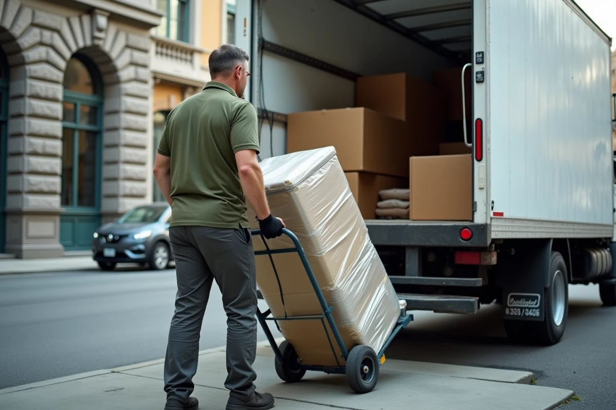 Déménageur professionnel utilisant un diable pour décharger un réfrigérateur d'un camion de déménagement en ville