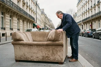 Homme déposant un encombrant sur le trottoir du 15e arrondissement de Paris dans le respect des règles de collecte
